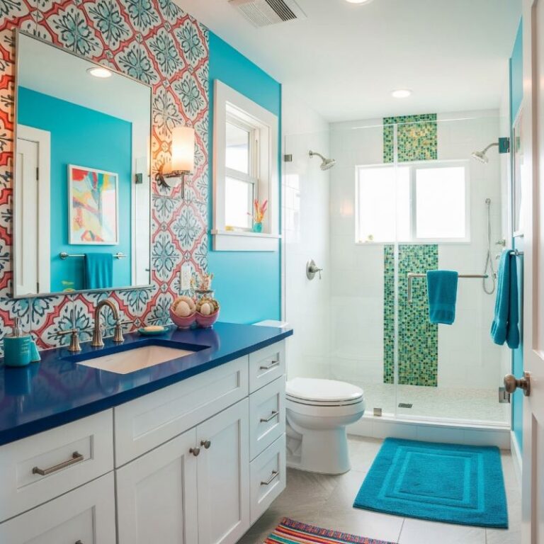 Colorful bathroom design by Interior Decoration Company in Kolkata with turquoise theme and modern decor.