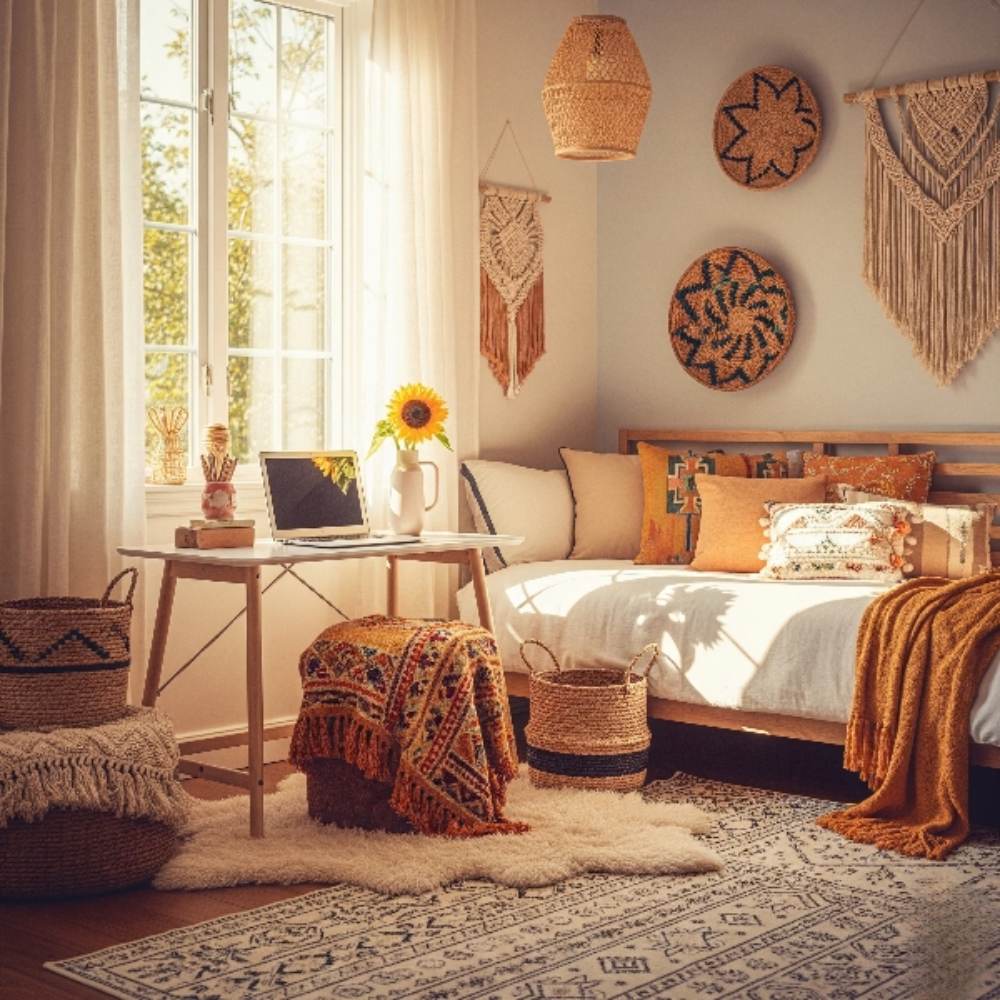Interior decoration for bedroom with boho design, cozy bedding, macramé wall art, and natural textures.