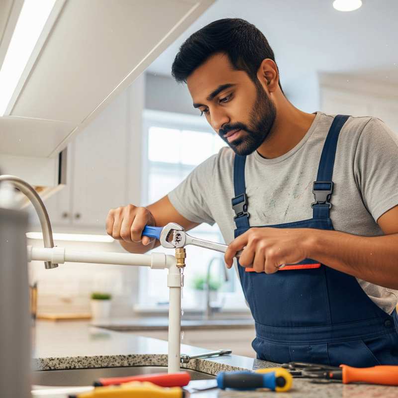 Interior Design Firm in Kolkata – professional plumber fixing kitchen sink pipe in a modern interior setting.