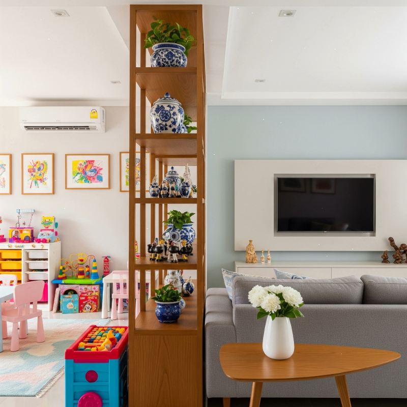 Interior Design Firm in Kolkata – modern living room with kids' play area, wooden room divider, and elegant decor.
