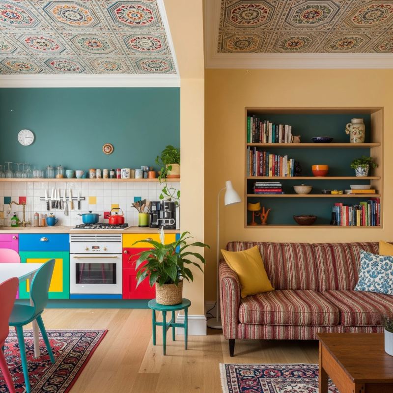 Colorful kitchen and cozy living room with patterned ceiling by an Interior Design Firm in Kolkata.