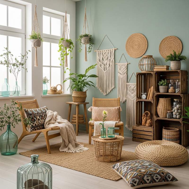 Bohemian living room with plants and natural decor by Interior Design Firm in Kolkata.