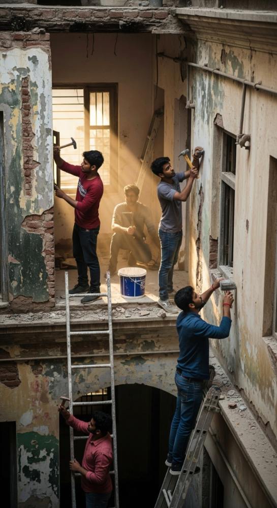 Workers renovating a building exterior, guided by an Interior Design Firm in Kolkata.