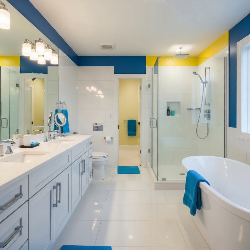 Modern bathroom with blue and yellow decor by Interior Design Firm in Kolkata.