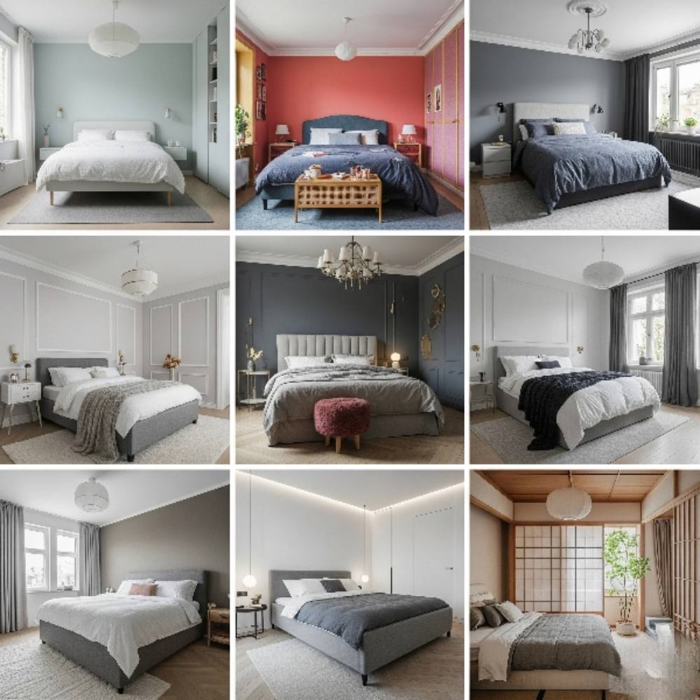 Interior decoration for bedroom featuring modern design, cozy furnishings, and natural light.