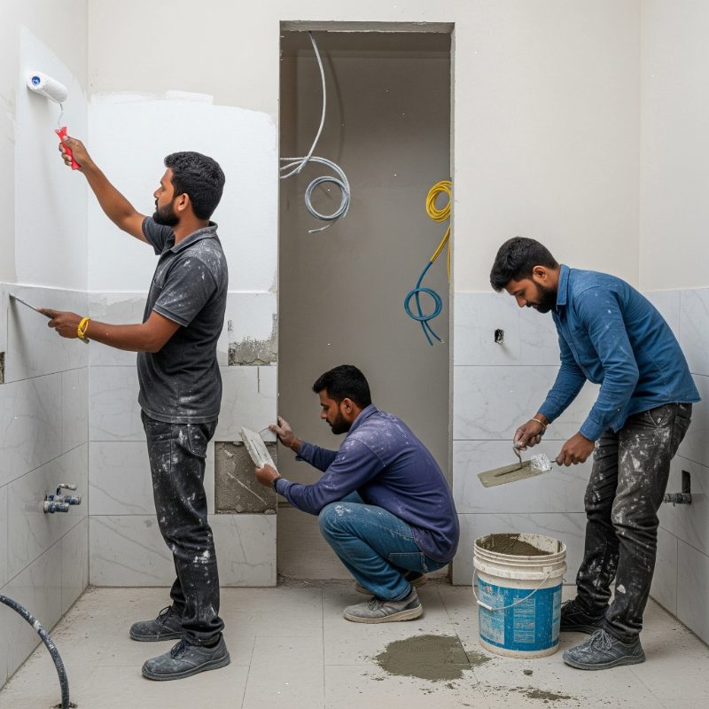 Men working on bathroom interior renovation with plaster and paint.