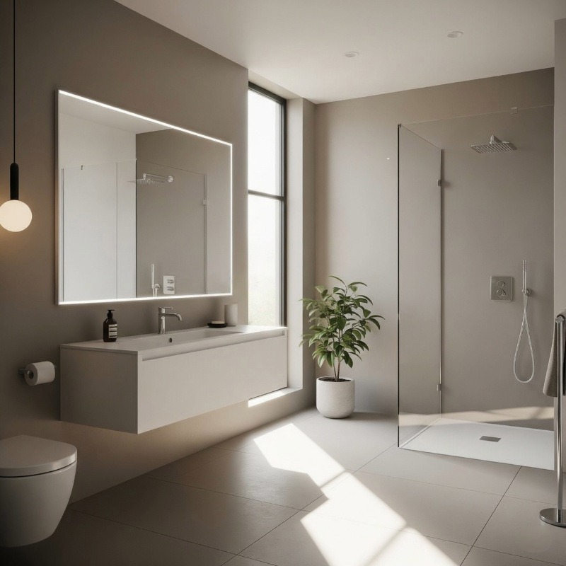 Modern minimalist bathroom interior with floating sink and glass shower.