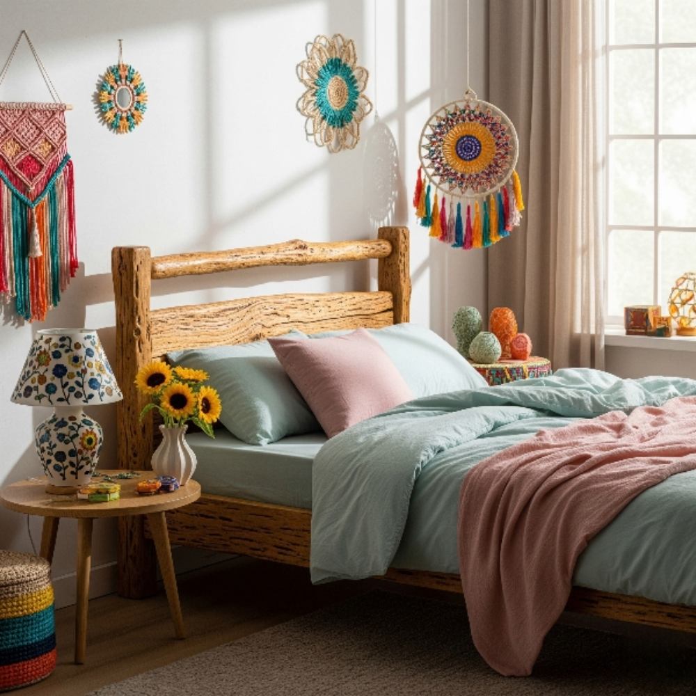 Interior decoration for bedroom with boho design, wooden bed, pastel linens, and vibrant wall art.