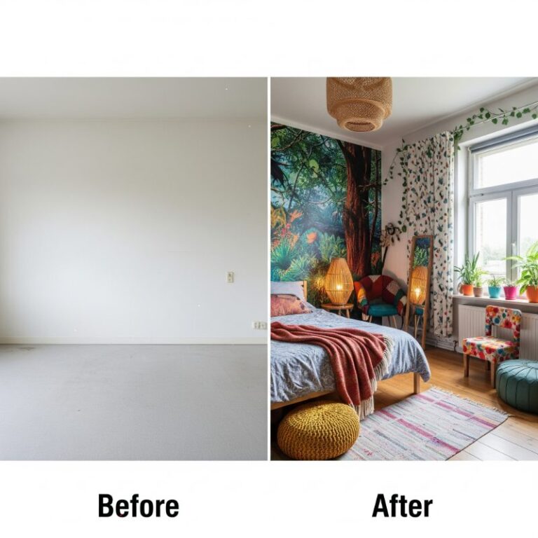 Interior decoration for bedroom transformation with colorful bedding, wooden furniture, flowers, rug, and indoor plant.