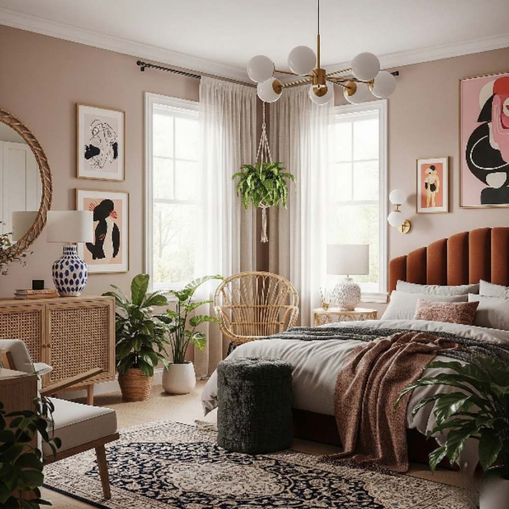 Interior Decoration for Bedroom with modern furniture, houseplants, artistic wall décor, and warm, inviting design elements.