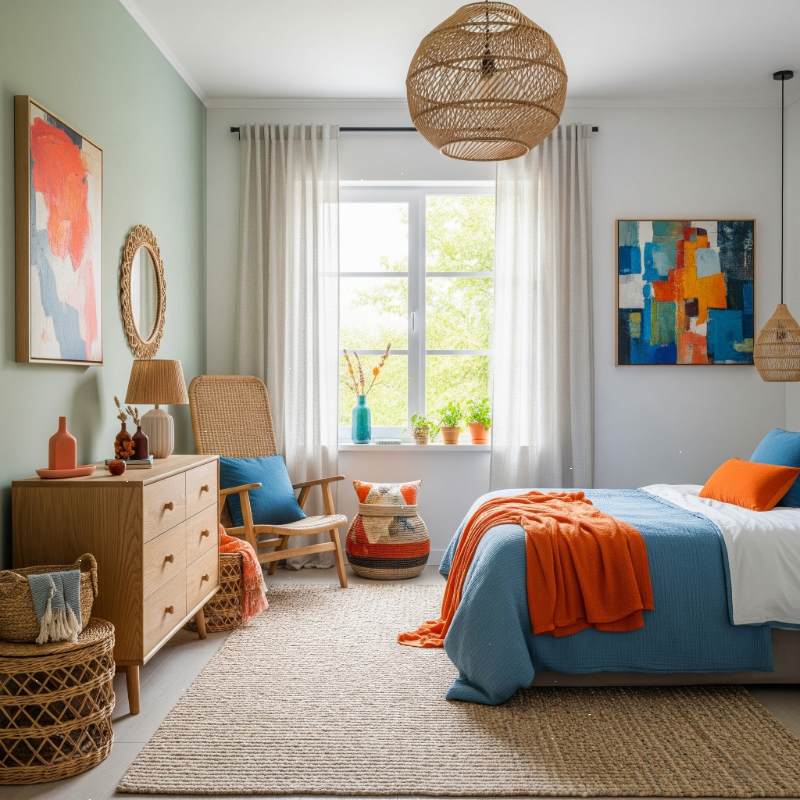 Interior decoration for bedroom with bold colors, wood furniture, and woven decor.