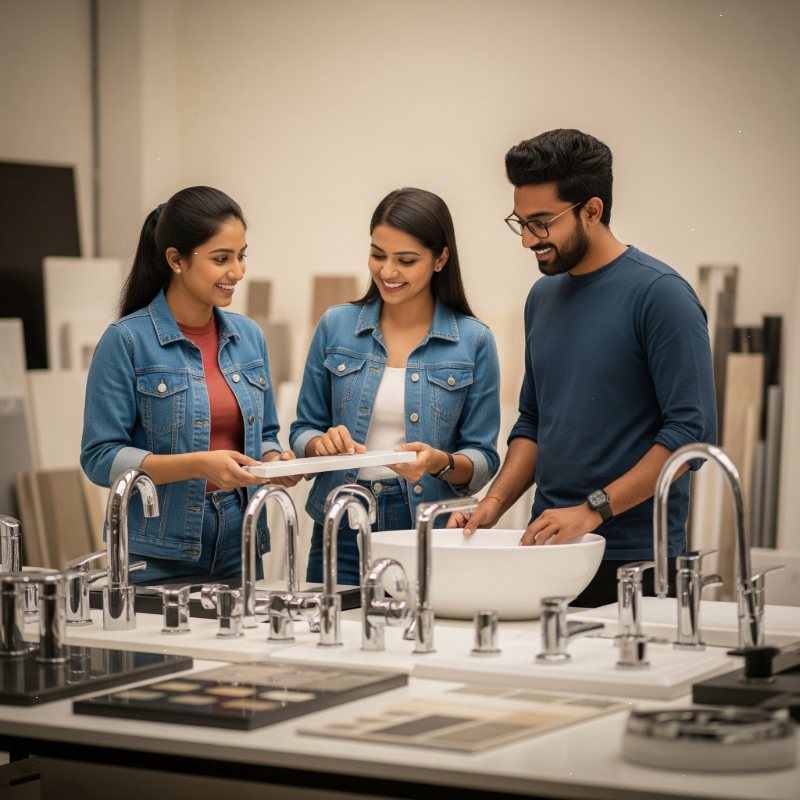 People selecting bathroom interior fixtures and tiles in a showroom.