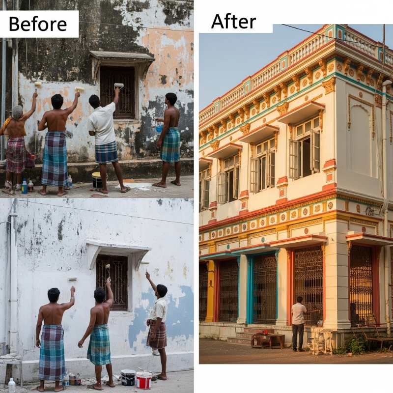 Before and after of building painters near me in Kolkata restoring house exterior