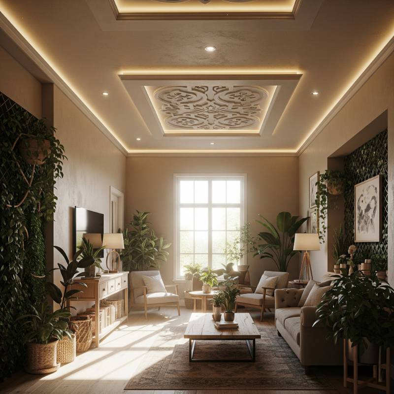 Elegant living room with decorative false ceiling and indoor plants.