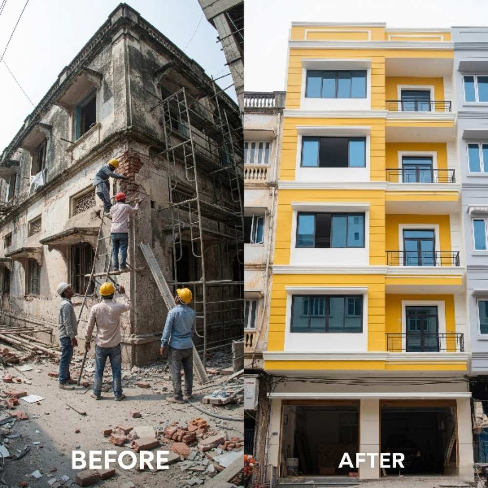 Building renovation before and after showing old damaged building and newly renovated modern facade.