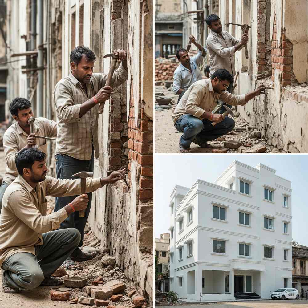 Workers restoring building exterior and completed white renovated building.