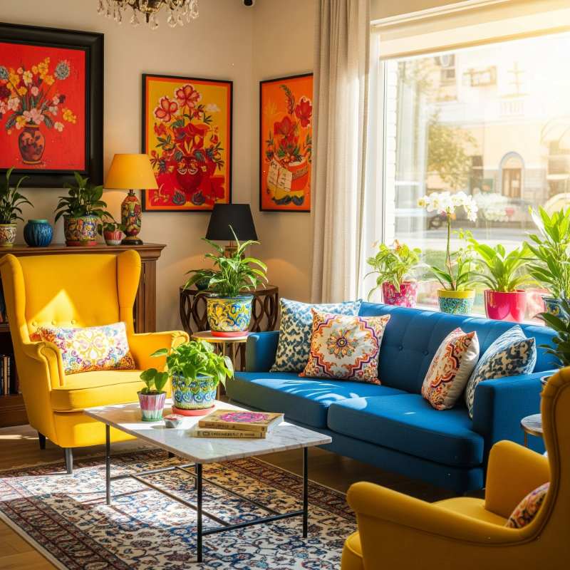 Colorful living room with blue sofa and yellow armchairs by interior design company in Kolkata