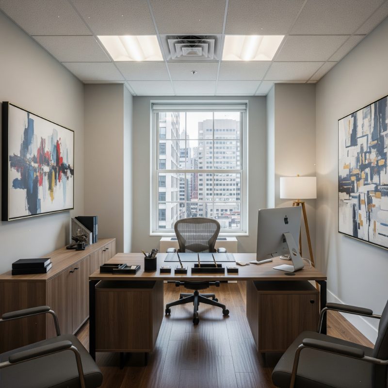 Modern office interior in Kolkata with city view.