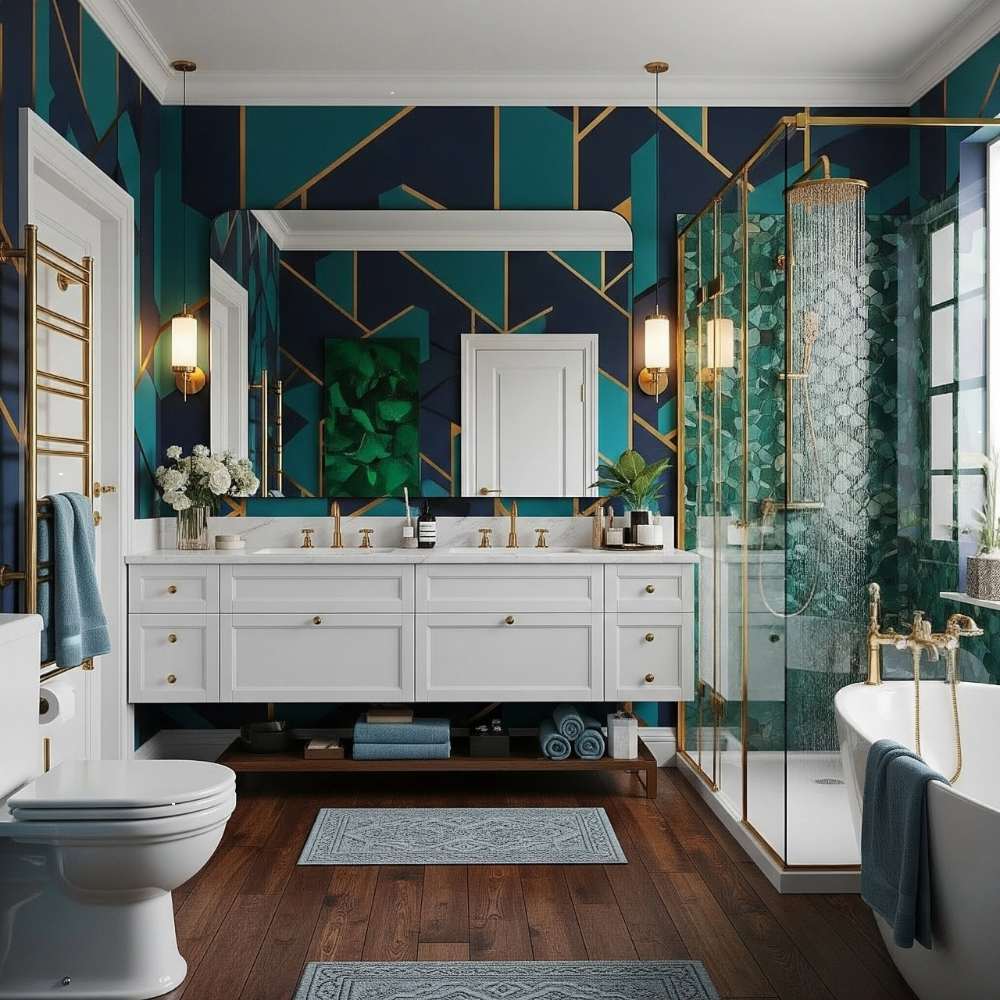 Modern bathroom interior design with gold accents and geometric wall pattern.