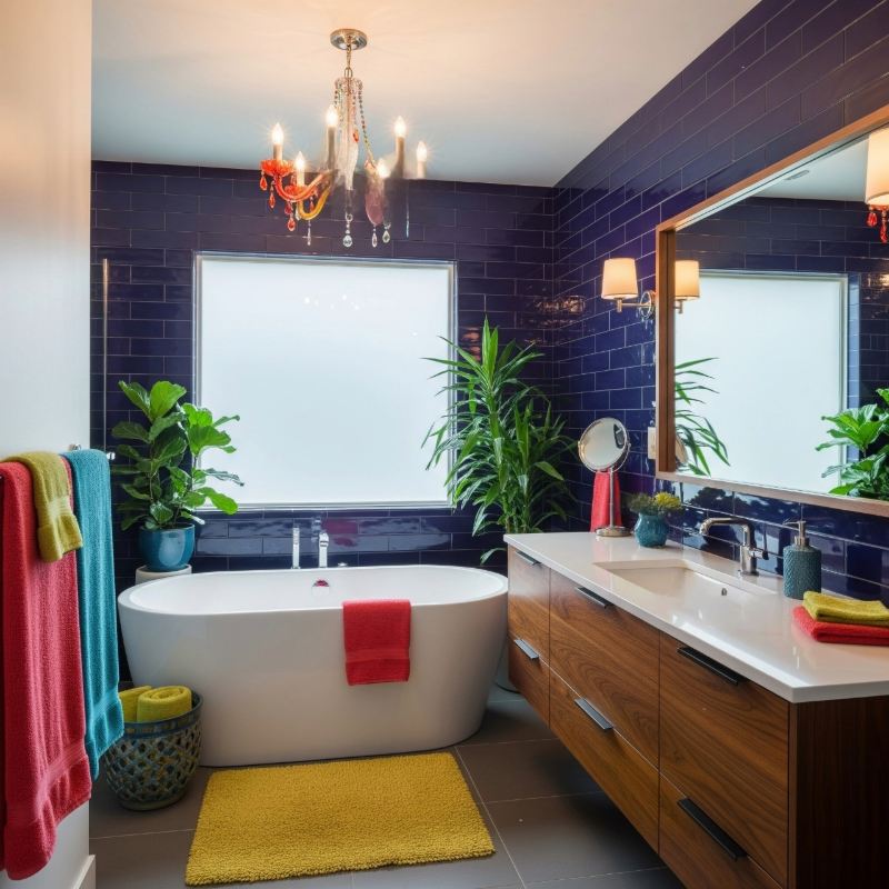 Stylish modern bathroom interior design featuring a sleek white bathtub, rich navy blue wall tiles, wooden vanity with dual sinks, and vibrant accents like red, teal, and yellow towels. Potted plants and a chandelier add elegance and freshness to the space.