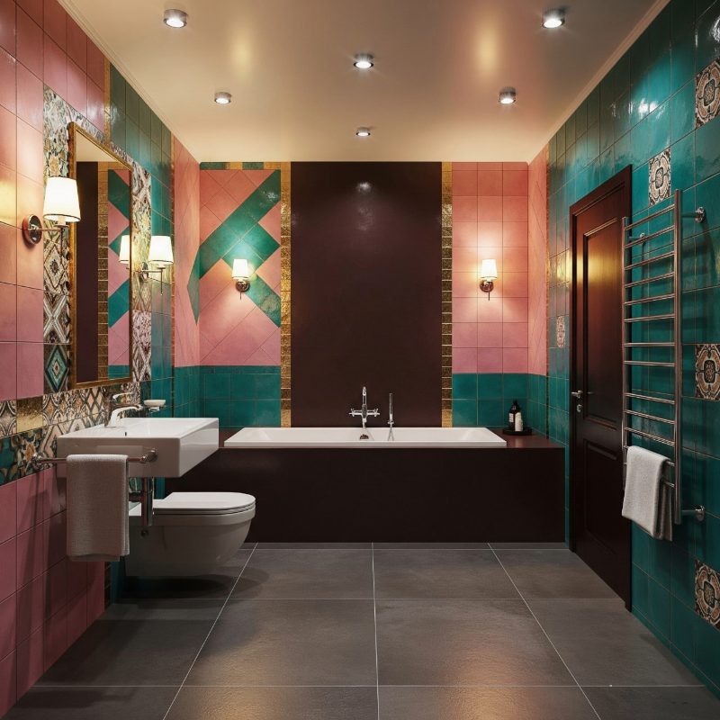 Modern bathroom interior design with colorful tiles and elegant layout.