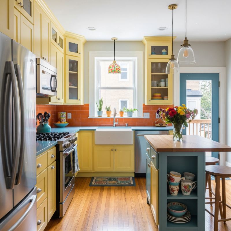 Modular Kitchen Company in Kolkata design with yellow cabinets, orange backsplash, and stylish island.