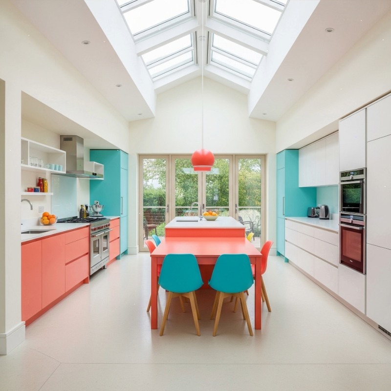 Modular Kitchen Company in Kolkata design with coral cabinets, teal accents, and skylit island dining.