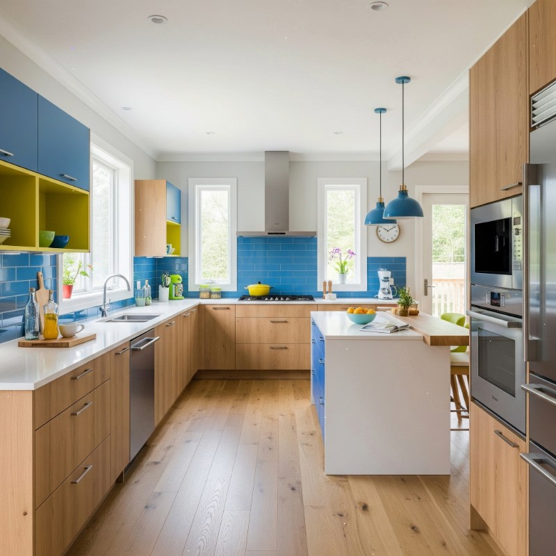 Modular Kitchen Company in Kolkata modern design with blue backsplash and wooden cabinets.