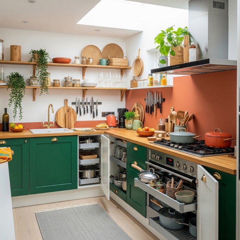 Modular Kitchen Company in Kolkata green cabinets and organized kitchen storage.