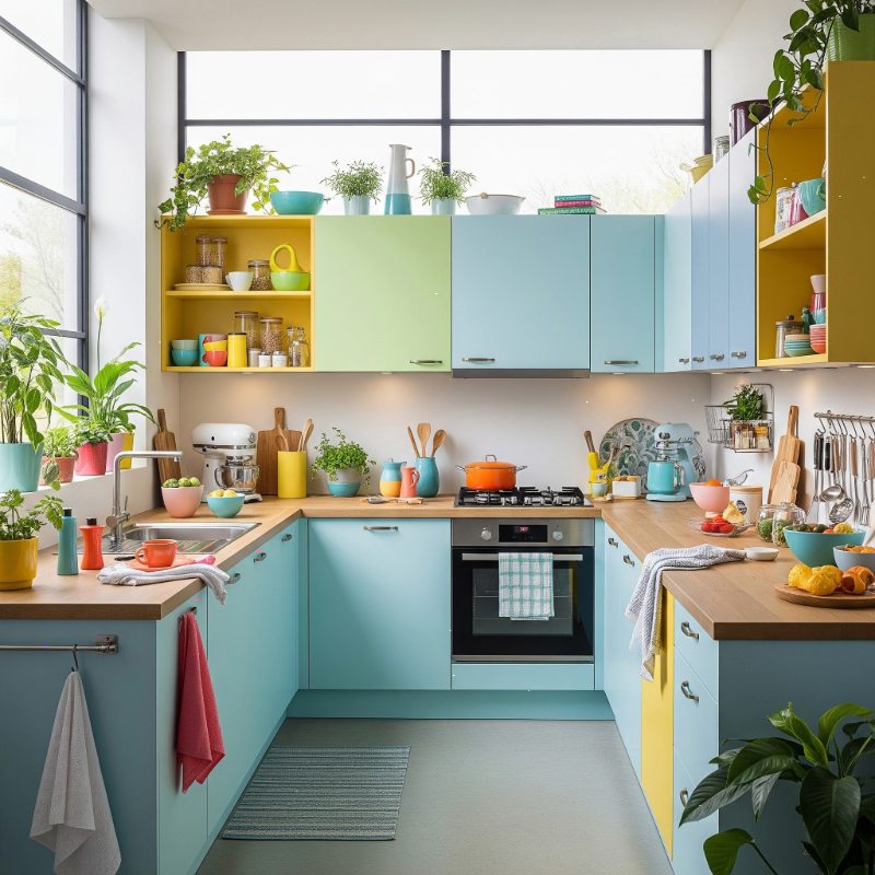 Modular Kitchen Company in Kolkata pastel color modular kitchen with indoor plants.
