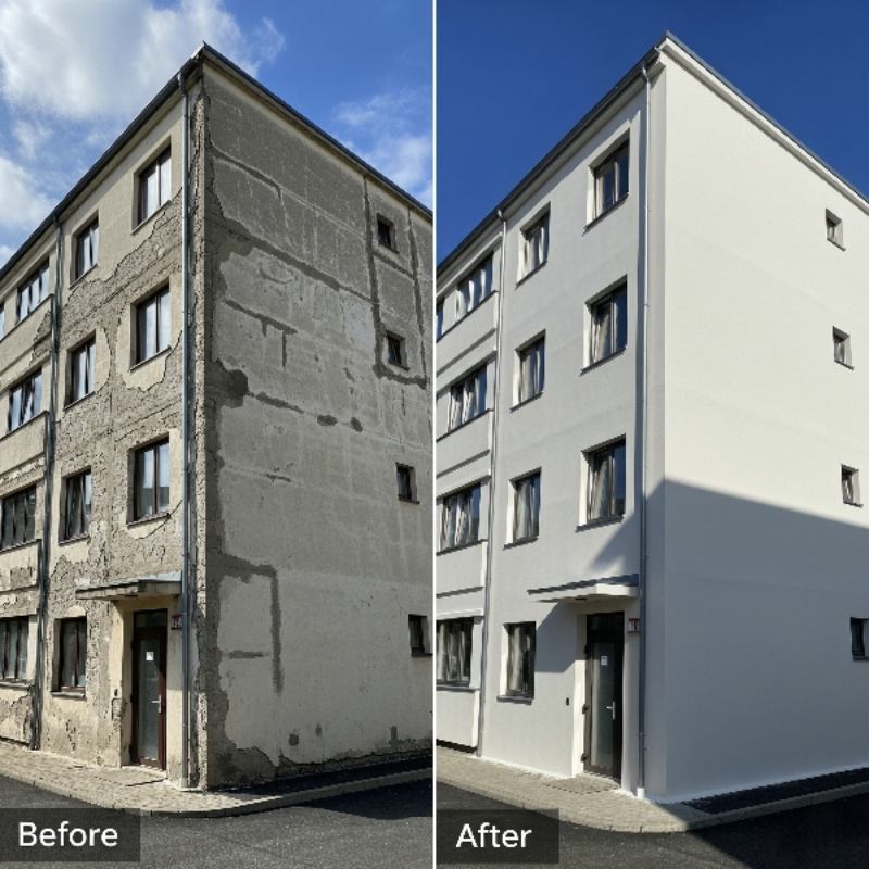 Before and after roof waterproofing and wall repair.