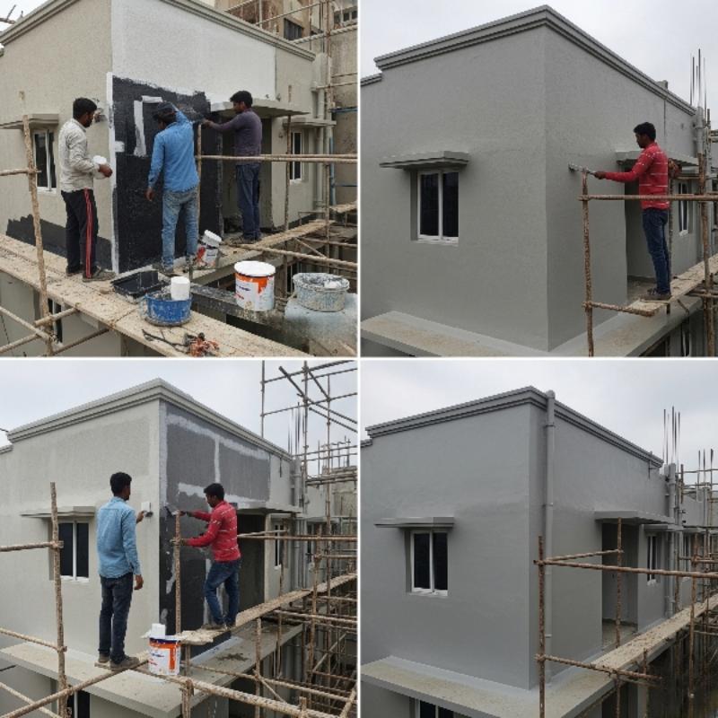 Roof waterproofing work on residential building exterior