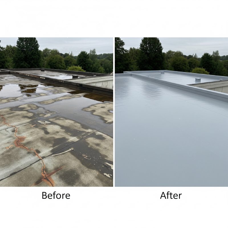 Before and after roof waterproofing on flat surface.