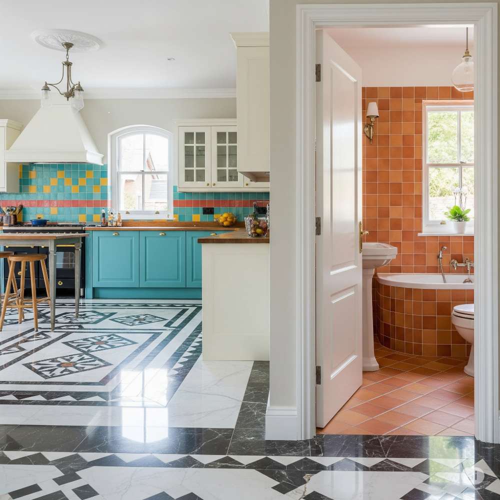 Colorful kitchen and bathroom with creative flooring and tiling in Kolkata by Estate Contractor.