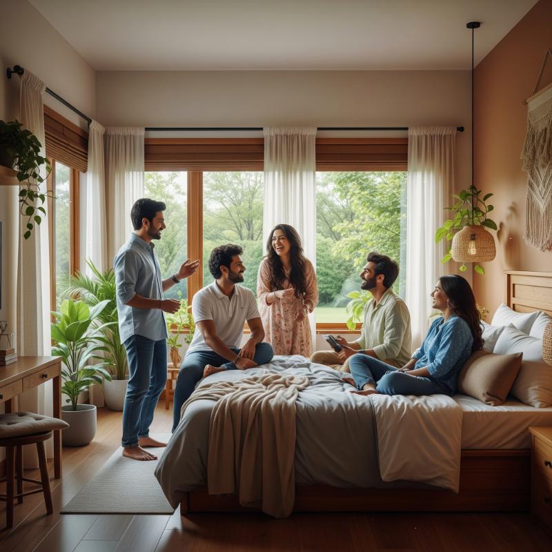Modern bedroom design by interior company in Kolkata with friends relaxing.