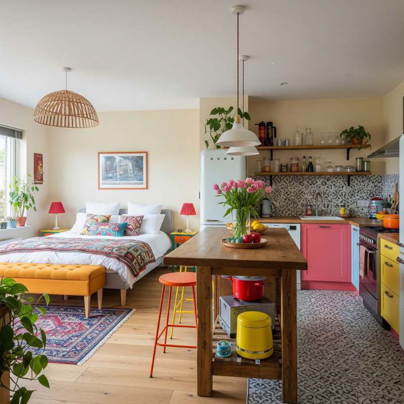 2BHK interior design with open bedroom and modular kitchen layout