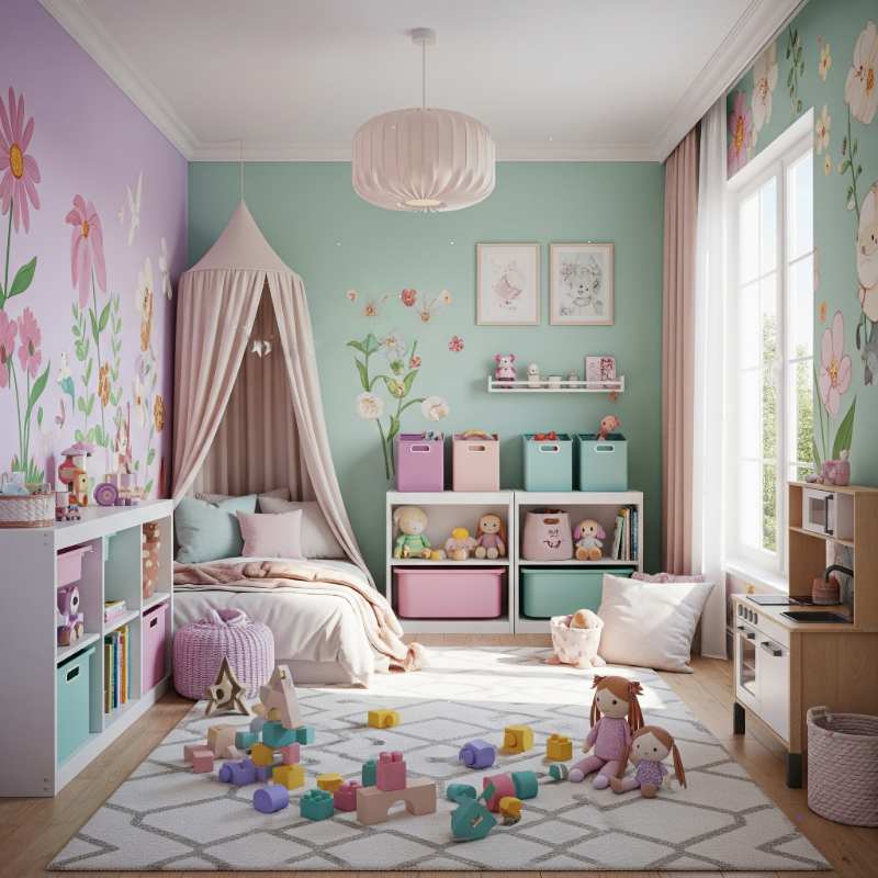 2BHK interior design kids room with pastel theme and storage units