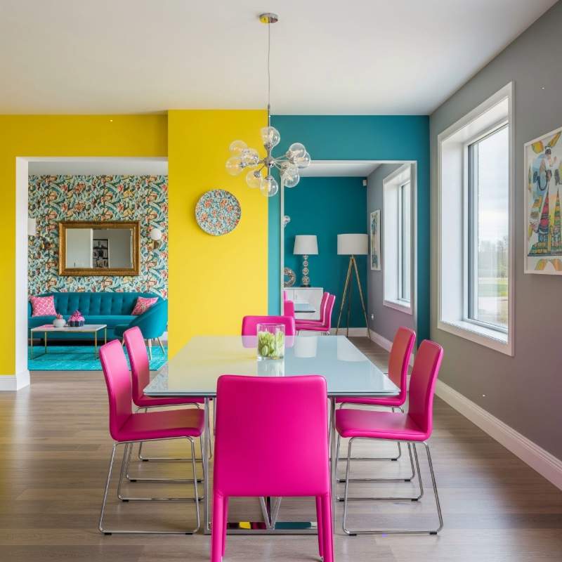 Colorful dining room decor with pink chairs and glass table