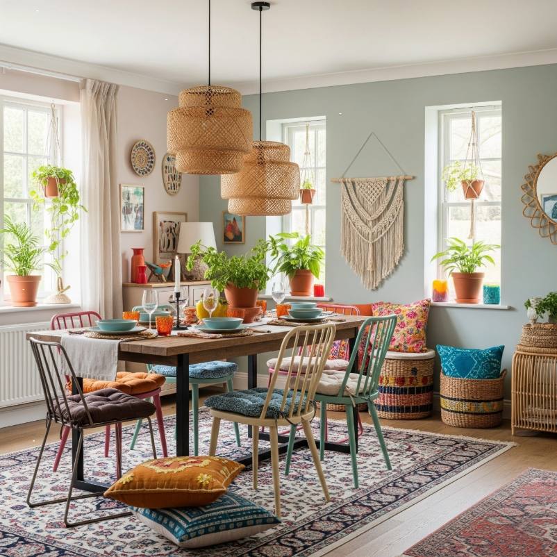Boho dining room decor with plants and colorful cushions