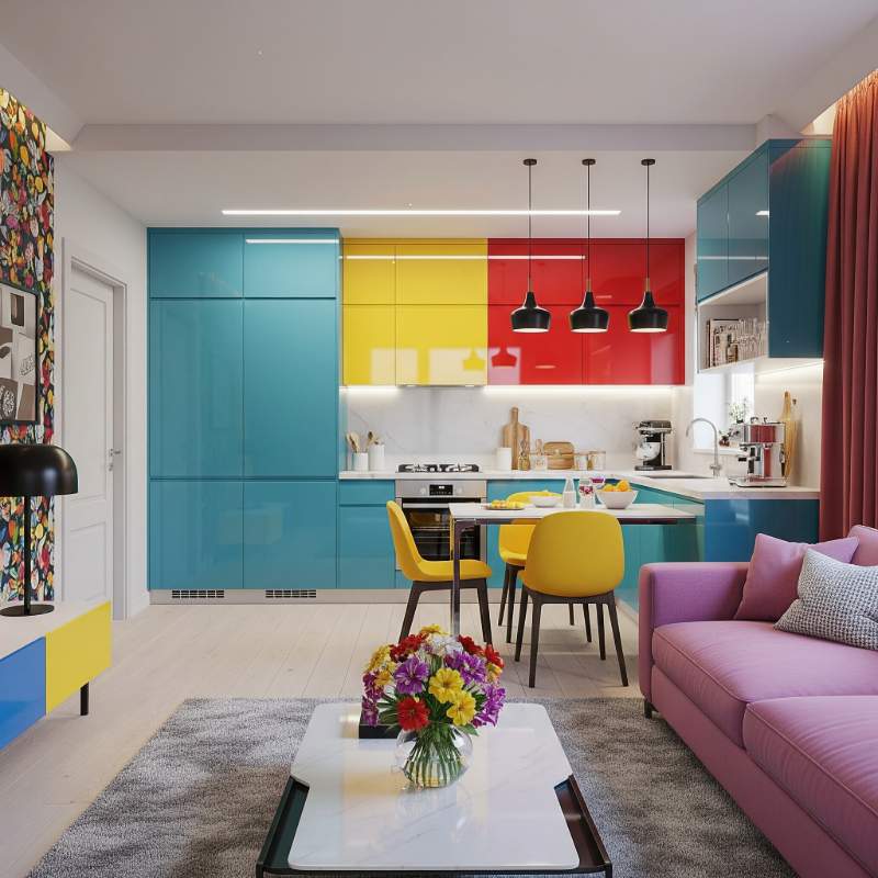 Colorful modular kitchen interior with modern cabinets and dining area