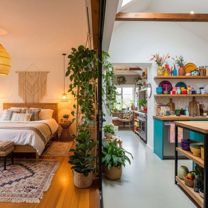 Interior firm in Kolkata – boho bedroom and colorful kitchen design.