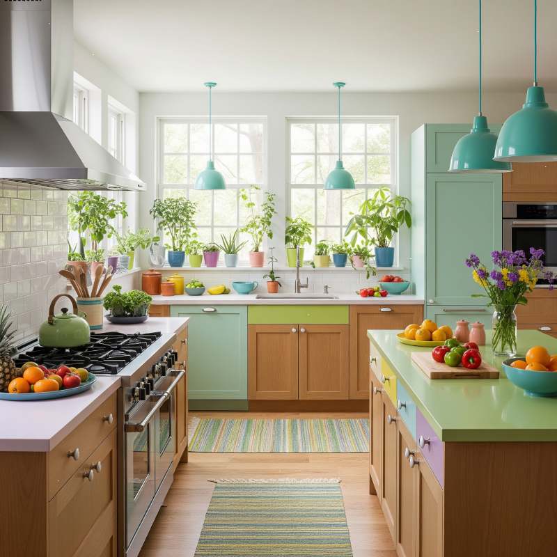 Modular kitchen interior design with pastel colors and indoor plant
