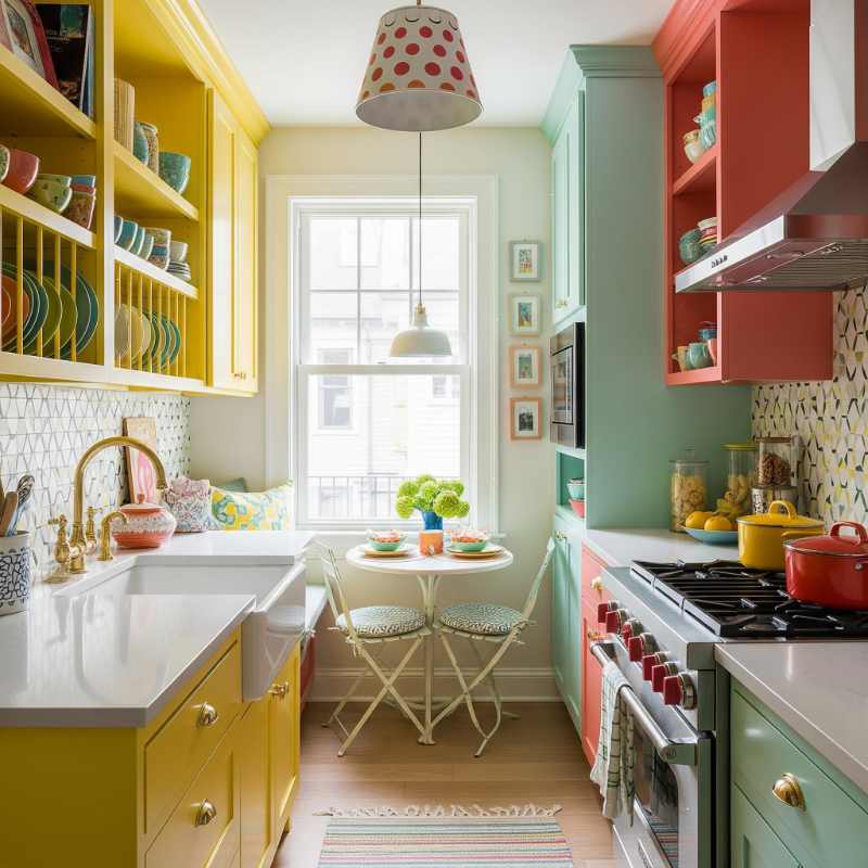 Modular kitchen interior design with vibrant cabinets and small dining space