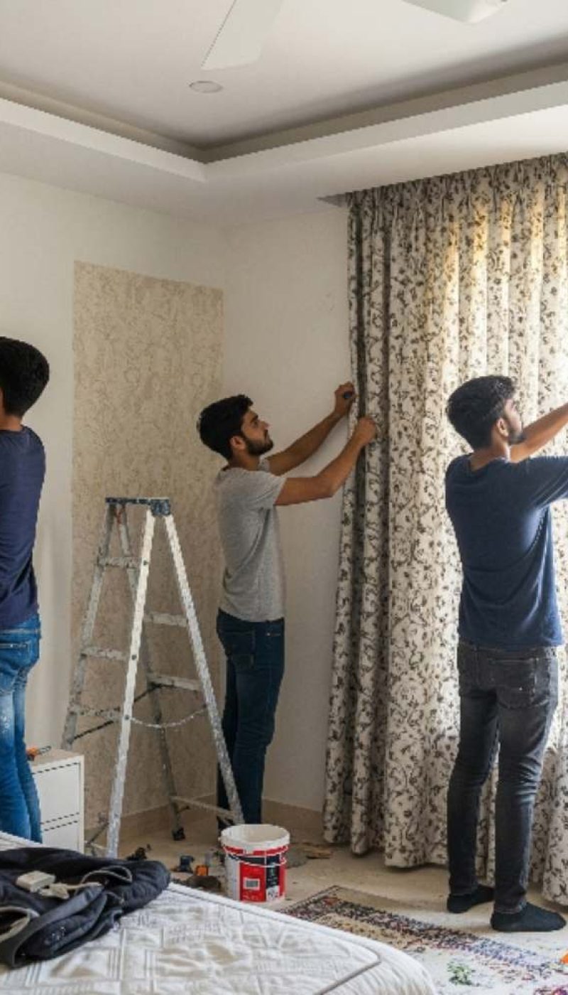 Interior decoration for bedroom with painting, wallpaper, and curtains.
